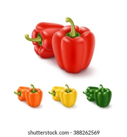 Vector Set of Colored Yellow Green Orange and Red Sweet Bulgarian Bell Peppers, Paprika Isolated on White Background