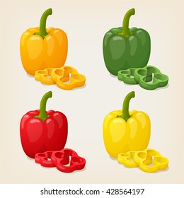 Vector Set of Colored Yellow Green Orange and Red Sweet Bulgarian Bell Peppers, Paprika Isolated on White Background