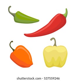 Vector Set of Colored Yellow Green Orange and Red Sweet Bulgarian Bell Peppers, Paprika Isolated