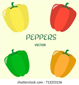 Vector Set of Colored Yellow Green Orange and Red Sweet Bulgarian Bell Peppers, Paprika Isolated.