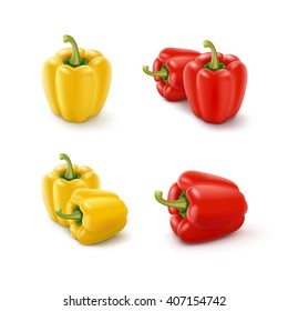 Vector Set of Colored Yellow and Red Sweet Bulgarian Bell Peppers, Paprika Isolated on White Background