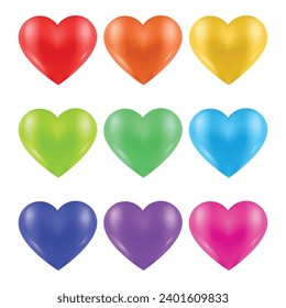 Vector set of colorful 3d hearts isolated on a white background