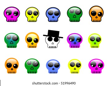 vector set of colorful 3d skull buttons, symbols or signs