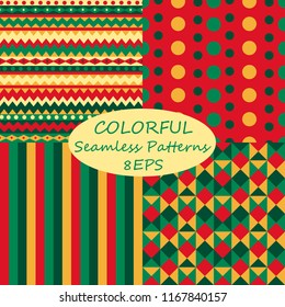 Vector set of colorful abstract backgrounds. Four bright geometric seamless patterns. Good for background, wrapping paper, surface decor, print on fabric, children's goods and more
