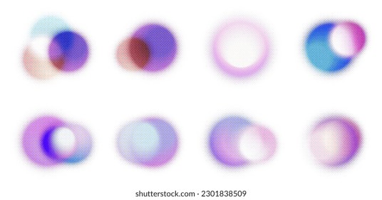 Vector set of colorful abstract blurred halftone circles. Bright gradient spot with blur. Screen print raster. Pop art. Isolated template with dots. Glare illustration.