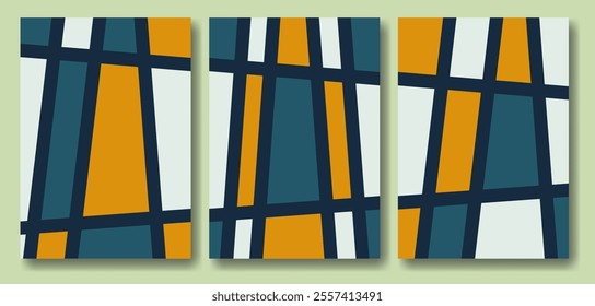 Vector set of colorful abstract cubism posters. Painting with straight and regular line