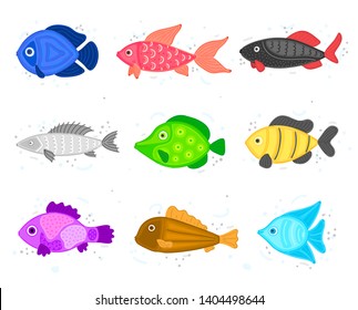 Vector set of colorful abstract fish. Undersea world. Aquarium. It can be used as logo, icon, decoration for brochure, banner in pet store, fishing gear shop or aquapark, print on clothes, cover, card