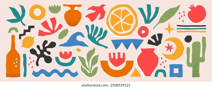 Conjunto de Vector de Formas geométricas abstractas coloridas, líneas y plantas. Figuras simples básicas contemporáneas, formas de naturaleza o Elementos de diseño matisse orgánicos en estilo minimalista. Objetos doodle de Forma libre