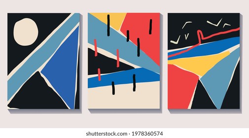 Vector set of Colorful abstract neoplasticism and cubism art style. Painting with primary color in Mondrian style . For print and wall art.