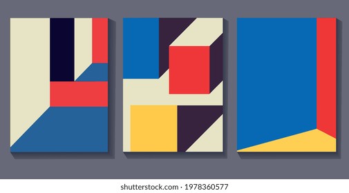 Vector Set Of Colorful Abstract Neoplasticism And Cubism Art Style. Painting With Primary Color In Mondrian Style With Straight And Regular Line. For Print And Wall Art.