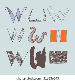 Vector set of colorful alphabet letters W, isolated on light blue background. Collection, good for creative lettering, logo, branding design. Letters hand drawn with brush and ink, in different styles