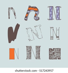 Vector set of colorful alphabet letters N, isolated on light blue background. Collection, good for creative lettering, logo, branding design. Letters hand drawn with brush and ink, in different styles