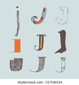 Vector set of colorful alphabet letters J, isolated on light blue background. Collection, good for creative lettering, logo, branding design. Letters hand drawn with brush and ink, in different styles