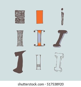 Vector set of colorful alphabet letters I, isolated on light blue background. Collection, good for creative lettering, logo, branding design. Letters hand drawn with brush and ink, in different styles