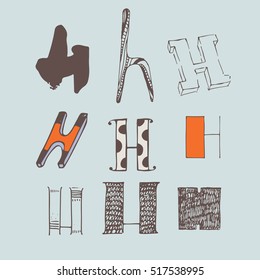 Vector set of colorful alphabet letters H, isolated on light blue background. Collection, good for creative lettering, logo, branding design. Letters hand drawn with brush and ink, in different styles