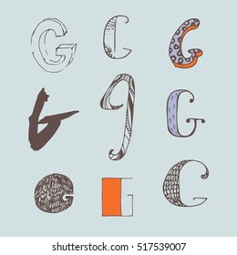 Vector set of colorful alphabet letters G, isolated on light blue background. Collection, good for creative lettering, logo, branding design. Letters hand drawn with brush and ink, in different styles