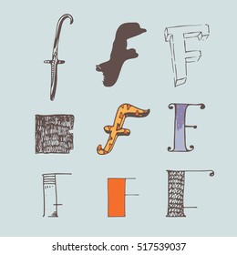 Vector set of colorful alphabet letters F, isolated on light blue background. Collection, good for creative lettering, logo, branding design. Letters hand drawn with brush and ink, in different styles