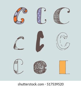 Vector set of colorful alphabet letters C, isolated on light blue background. Collection, good for creative lettering, logo, branding design. Letters hand drawn with brush and ink, in different styles