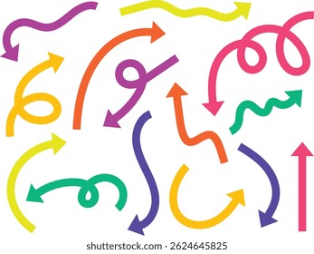 Vector set of colorful arrows in various directions and styles.

