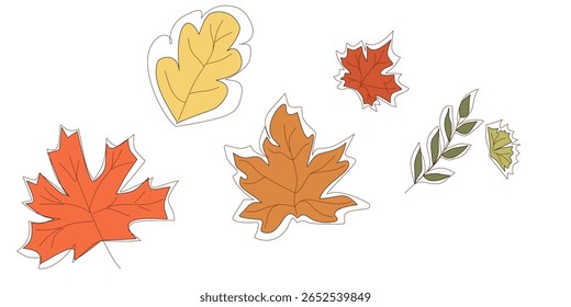 Vector set of colorful autumn leaves in flat style. Isolated decorative fall elements for stickers, scrapbooking, or seasonal decor.
