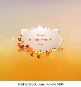 Vector set of colorful autumn leaves with label design. Autumn vector design and bokeh background.