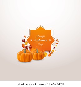 Vector set of colorful autumn leaves with label design and photorealisit pumpkin vector illustration. Isolated vector emblem design with fall leaves.