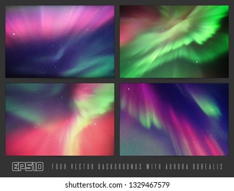 Vector set of colorful backgrounds with beautiful starry sky and Northern lights. Space illustration with aurora borealis for design