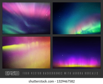 Vector set of colorful backgrounds with beautiful starry sky and Northern lights. Space illustration with aurora borealis for design