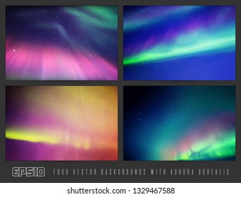 Vector set of colorful backgrounds with beautiful starry sky and Northern lights. Space illustration with aurora borealis for design