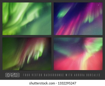 Vector set of colorful backgrounds with beautiful starry sky and Northern lights. Space illustration with aurora borealis for design