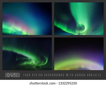 Vector set of colorful backgrounds with beautiful starry sky and Northern lights. Space illustration with aurora borealis for design
