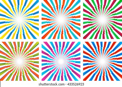 Vector set of colorful backgrounds with concentric lines and rays