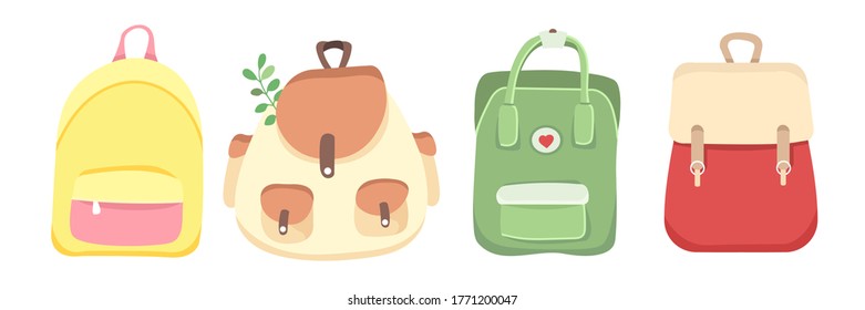 Vector Set of a Colorful Backpacks. Collection Summer, Adventure, Casual Knapsacks. Woman Bag.Back to School. Fashion Modern Packsack in Cartoon, Flat style.Isolated on white background.