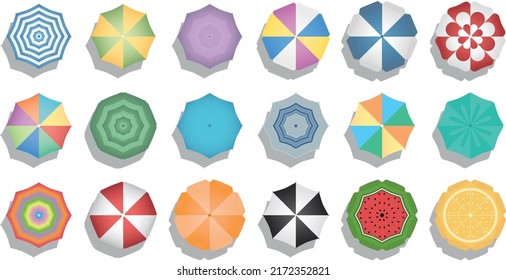 Vector set of colorful beach umbrella - beach umbrellal with shadow.