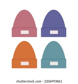 Vector Set Of Colorful Beanie Hat With Unbranded Mockup Label Isolated On White. Flat Minimal Illustration.