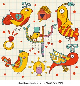 vector set of colorful beautiful birds drawn in a childlike style. Doodle.