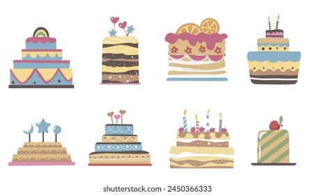 Vector set of colorful birthday celebration cakes, flat design, isolated on white.