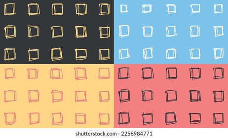 Vector set of colorful blue, yellow, red backgrounds. Handdrawn square. Pastel trendy color. Template for social network post, textile, media. Minimalistic illustration with geometric seamless pattern