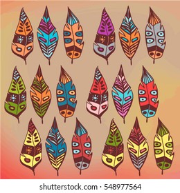 Vector set of colorful boho feathers. Ethnic, indian, abstract, trendy.