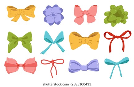 Vector set of colorful bows. Logo or icon from tied ribbons. Stickers for stickers with bow. Decor for gift and packaging