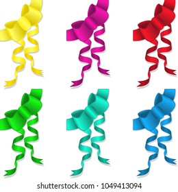 Vector set of colorful bows with ribbons isolated on white