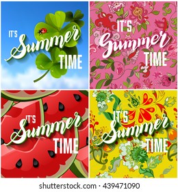 Vector Set of Colorful Bright Lettering Summer Cards. Beautiful Summer Posters or Flyers with Watermelon Background, Floral Pattern, Blue Sky Backdrop and Hand Written Text. Vector Illustration.