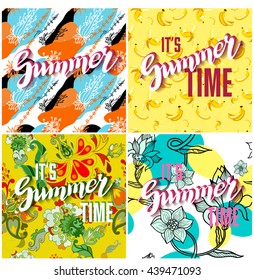 Juego de vectores de tarjetas de verano coloridas y luminosas. Hermosos afiches o volantes de verano con un patrón abstracto de fondo floral, patrón bananero y texto escrito a mano. Ilustración vectorial.