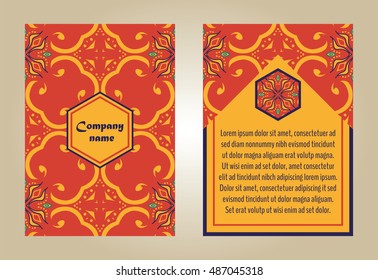 Vector set of colorful brochure templates for business and invitation. Portuguese, Moroccan; Talavera, Arabic; asian ornaments. Geometric and floral motifs