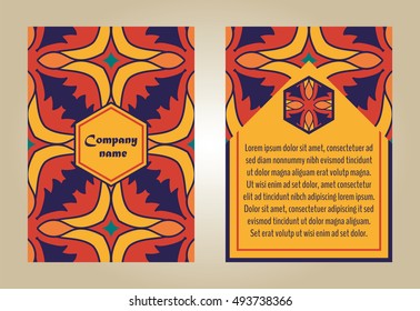 Vector set of colorful brochure templates for business and invitation. Portuguese, Moroccan; Spanish; Arabic; asian ornaments. Geometric and floral motifs