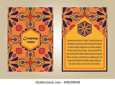 Vector set of colorful brochure templates for business and invitation. Portuguese, Moroccan; Spanish; Arabic; asian ornaments. Geometric and floral motifs. A4 format