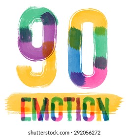 Vector set of colorful brush font. Hand-drawn brush alphabet. Numbers 9 0