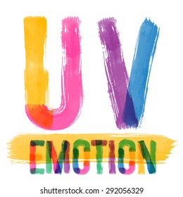 Vector set of colorful brush font. Hand-drawn brush alphabet. Letters U V