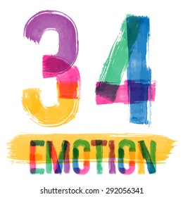 Vector set of colorful brush font. Hand-drawn brush alphabet. Numbers 3 4