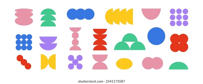 Conjunto vetorial de formas geométricas brutalistas coloridas. Moderno Y2k figuras abstratas minimalistas, flores, círculos. Elementos gráficos abstratos da moda sobre fundo branco. Vetor